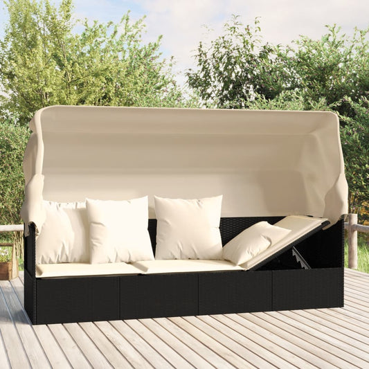 Loungebed met luifel en kussens poly rattan zwart is nu te koop bij PeponiXL, paradijselijk wonen!