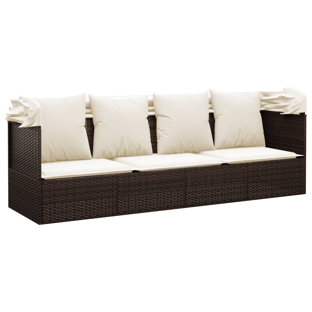 Loungebed met luifel en kussens poly rattan bruin is nu te koop bij PeponiXL, paradijselijk wonen!