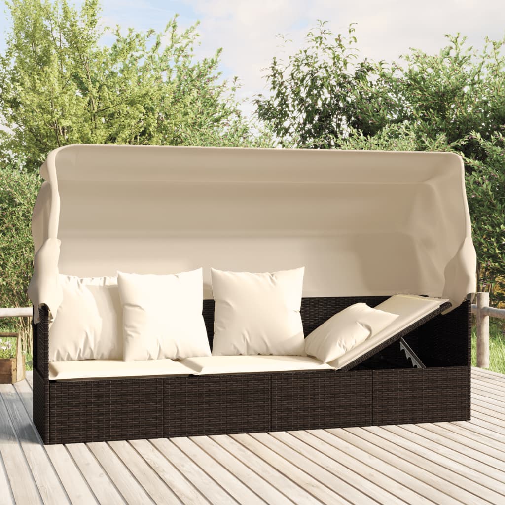 Loungebed met luifel en kussens poly rattan bruin is nu te koop bij PeponiXL, paradijselijk wonen!