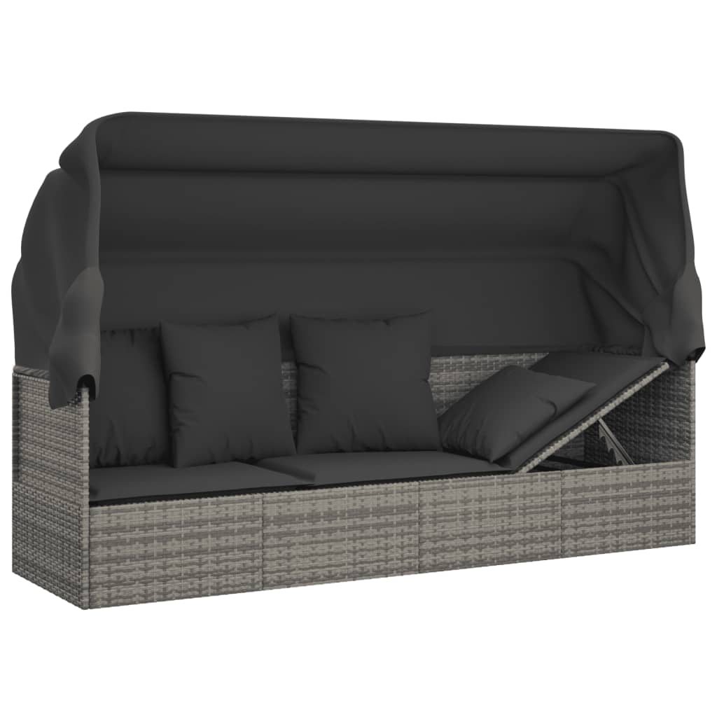 Loungebed met luifel en kussens poly rattan grijs is nu te koop bij PeponiXL, paradijselijk wonen!