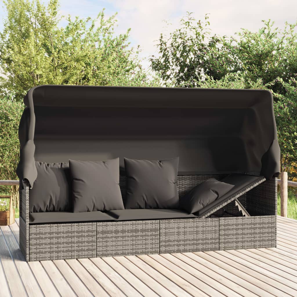 Loungebed met luifel en kussens poly rattan grijs is nu te koop bij PeponiXL, paradijselijk wonen!