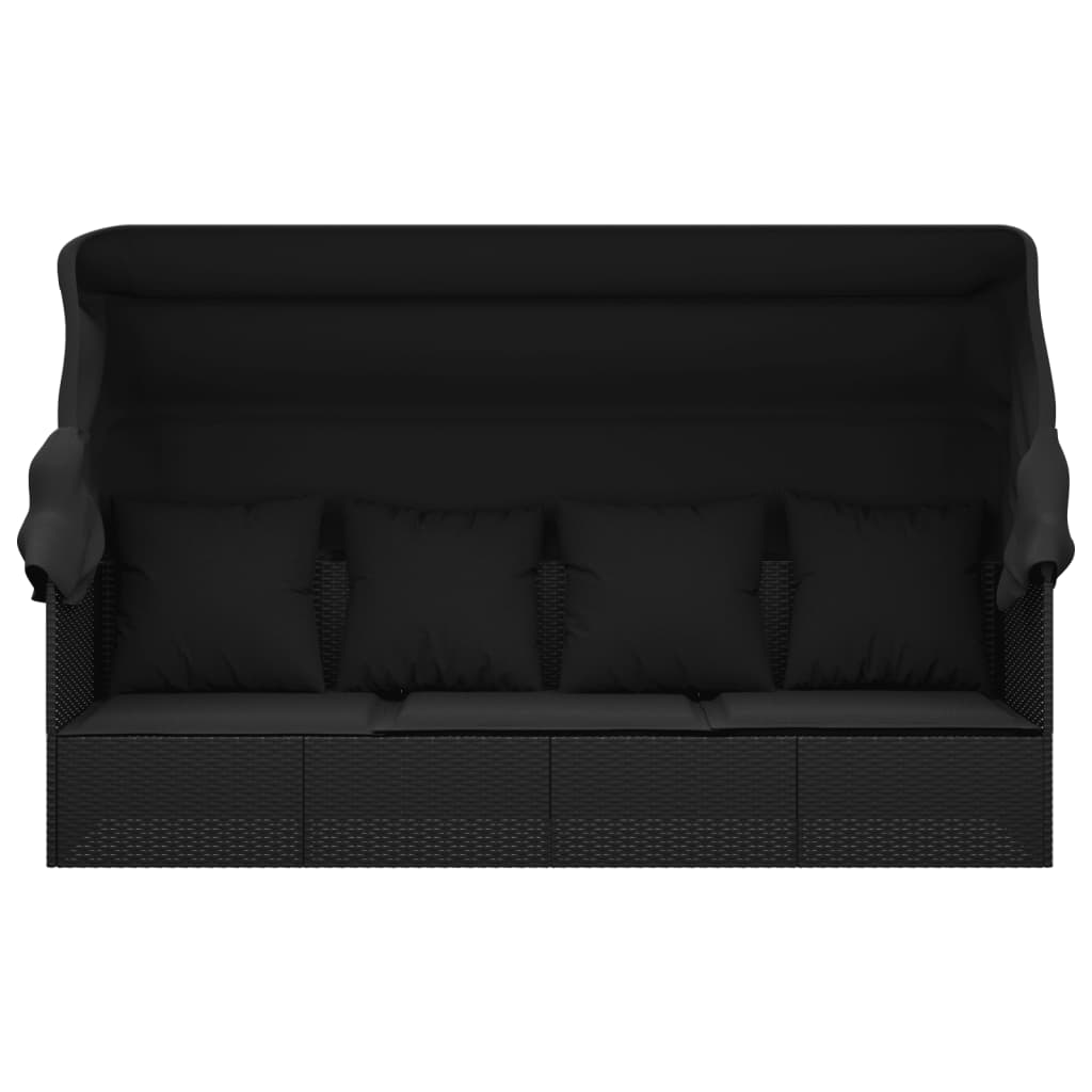 Loungebed met luifel en kussens poly rattan zwart is nu te koop bij PeponiXL, paradijselijk wonen!