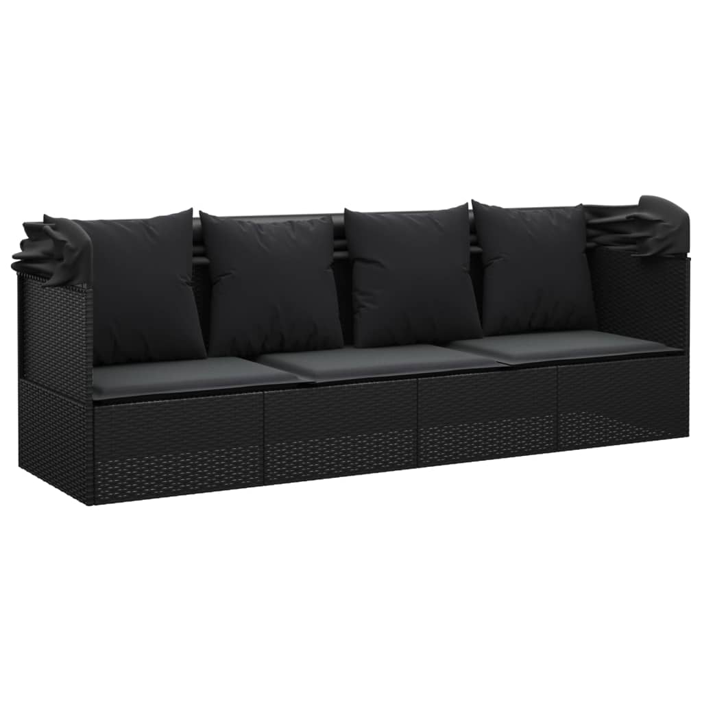Loungebed met luifel en kussens poly rattan zwart is nu te koop bij PeponiXL, paradijselijk wonen!