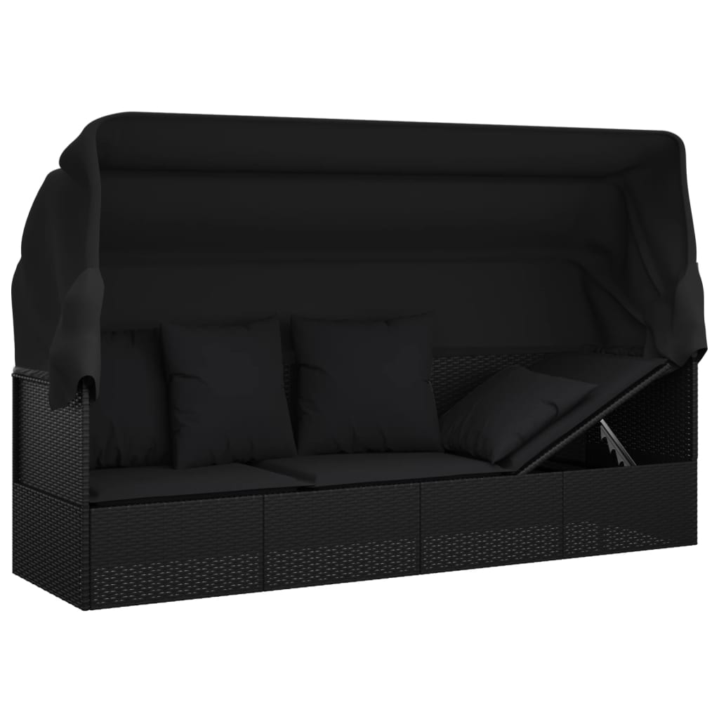 Loungebed met luifel en kussens poly rattan zwart is nu te koop bij PeponiXL, paradijselijk wonen!