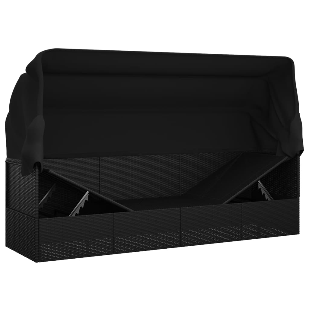 Loungebed met luifel en kussens poly rattan zwart is nu te koop bij PeponiXL, paradijselijk wonen!