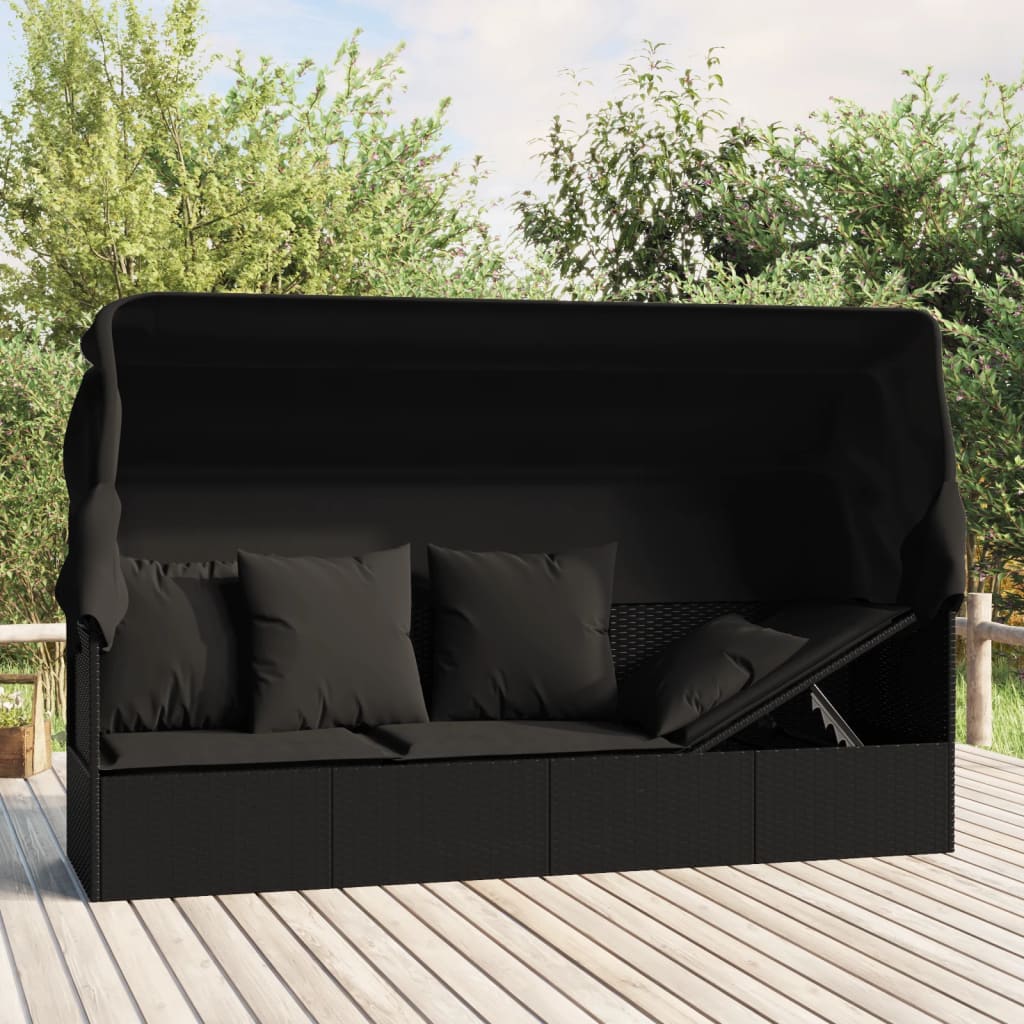 Loungebed met luifel en kussens poly rattan zwart is nu te koop bij PeponiXL, paradijselijk wonen!