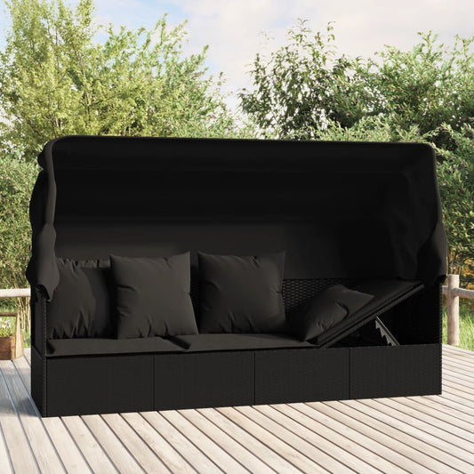 Loungebed met luifel en kussens poly rattan zwart is nu te koop bij PeponiXL, paradijselijk wonen!