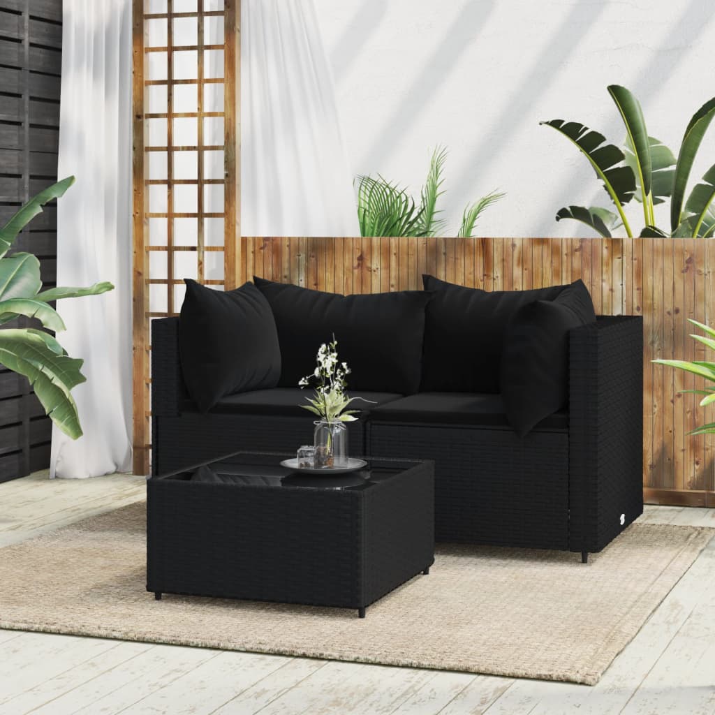 3-delige Loungeset met kussens poly rattan zwart is nu te koop bij PeponiXL, paradijselijk wonen!