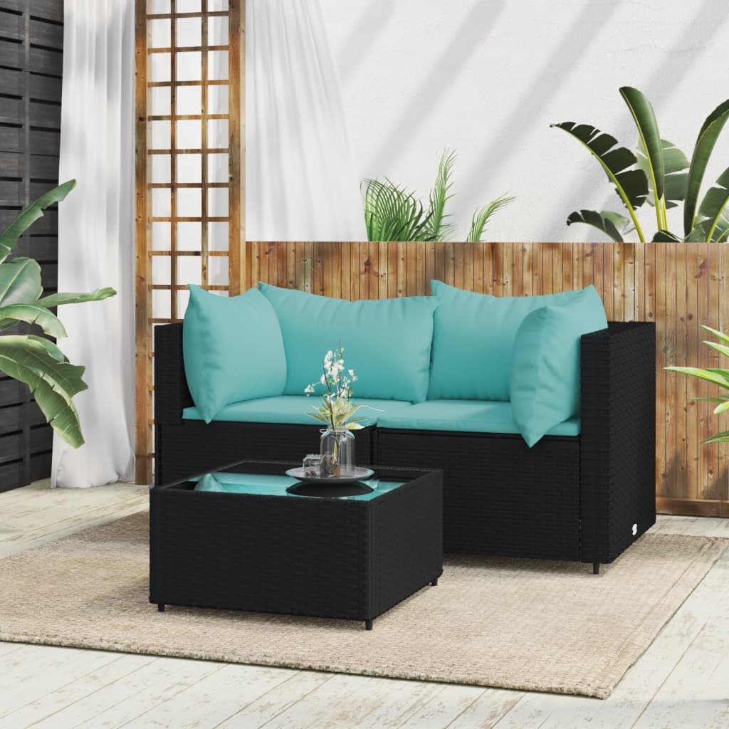 3-delige Loungeset met kussens poly rattan zwart is nu te koop bij PeponiXL, paradijselijk wonen!
