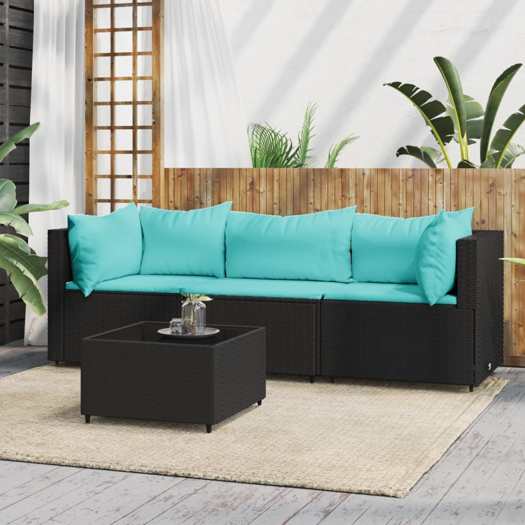 4-delige Loungeset met kussens poly rattan zwart is nu te koop bij PeponiXL, paradijselijk wonen!