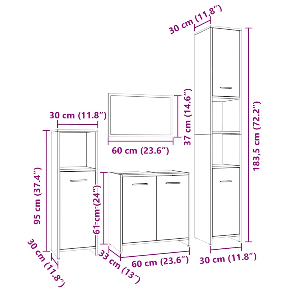 4-delige Badkamermeubelset bewerkt hout grijs sonoma eikenkleur is nu te koop bij PeponiXL, paradijselijk wonen!