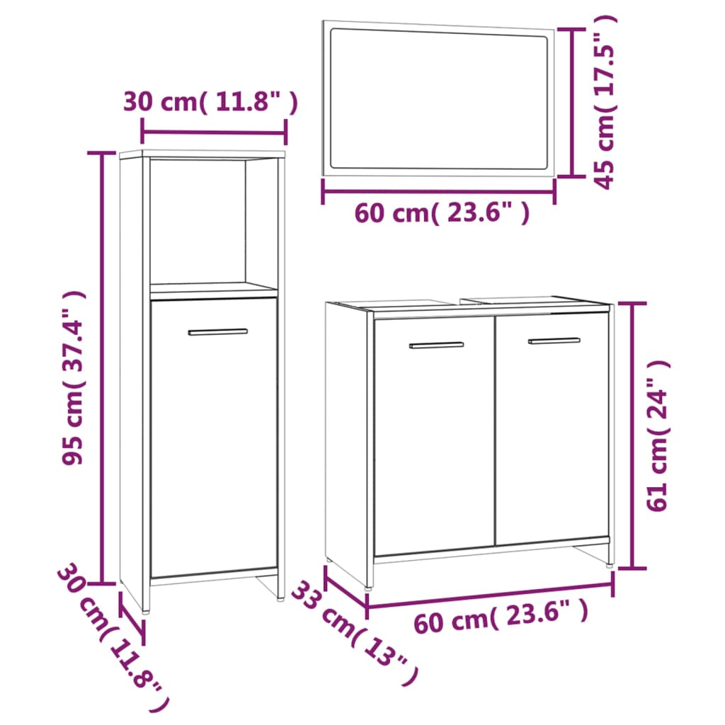 3-delige Badkamermeubelset bewerkt hout grijs sonoma eikenkleur is nu te koop bij PeponiXL, paradijselijk wonen!