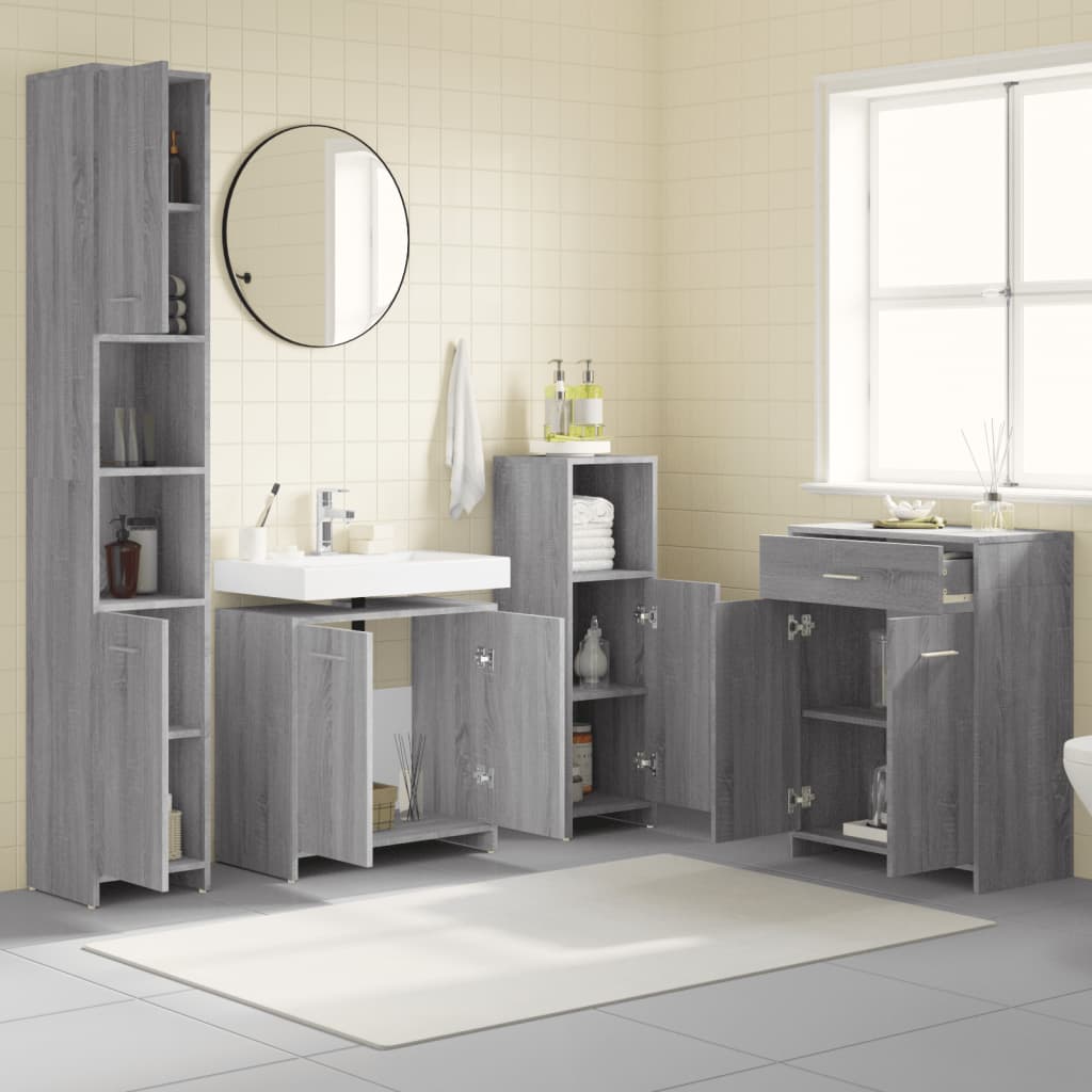 4-delige Badkamermeubelset bewerkt hout grijs sonoma eikenkleur is nu te koop bij PeponiXL, paradijselijk wonen!