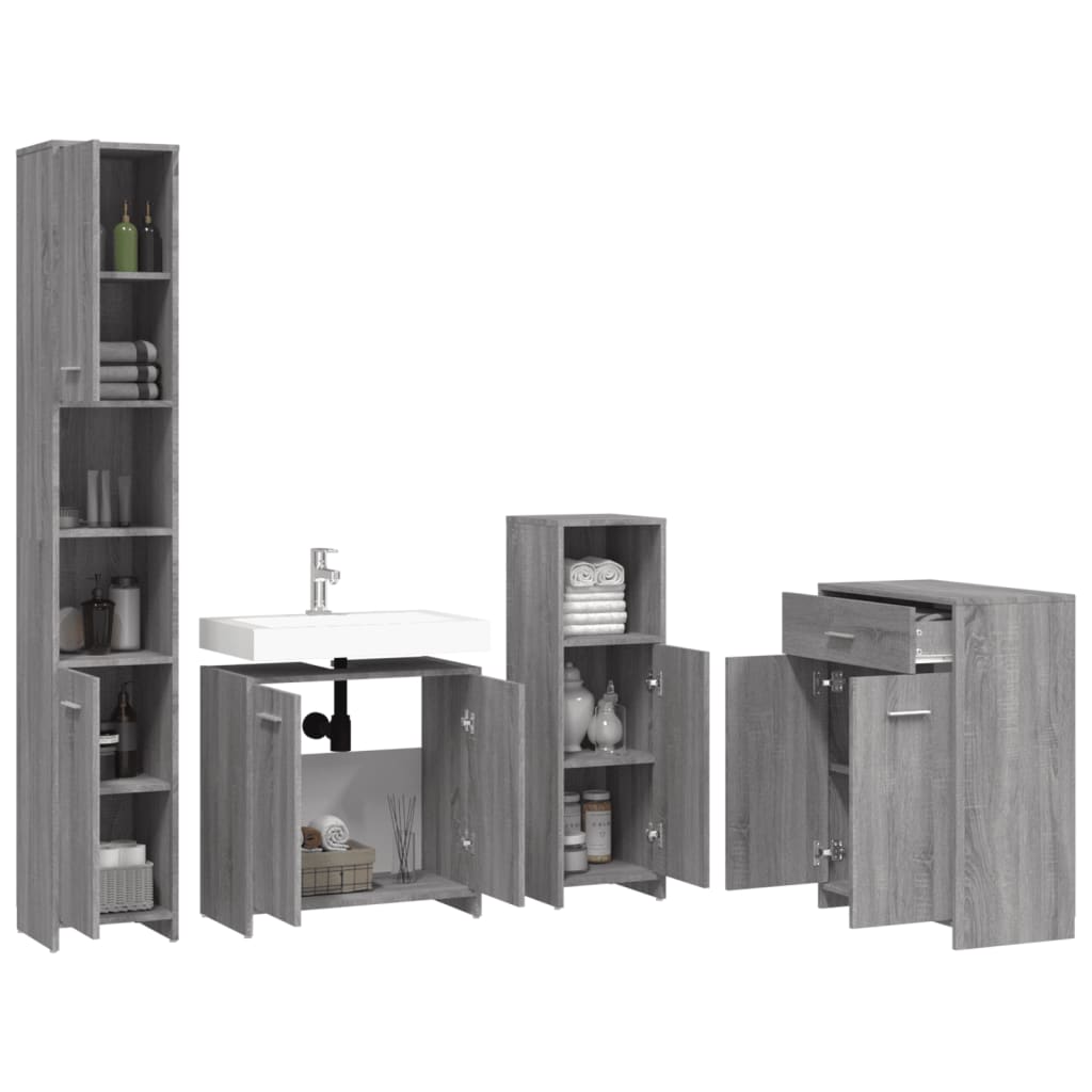 4-delige Badkamermeubelset bewerkt hout grijs sonoma eikenkleur is nu te koop bij PeponiXL, paradijselijk wonen!