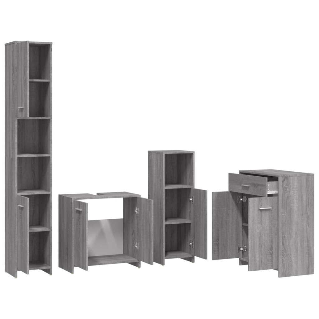 4-delige Badkamermeubelset bewerkt hout grijs sonoma eikenkleur is nu te koop bij PeponiXL, paradijselijk wonen!