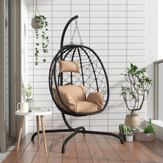 Hangende Eivormige Stoel met Kussen Taupe Poly Rattan & Staal is nu te koop bij PeponiXL, paradijselijk wonen!