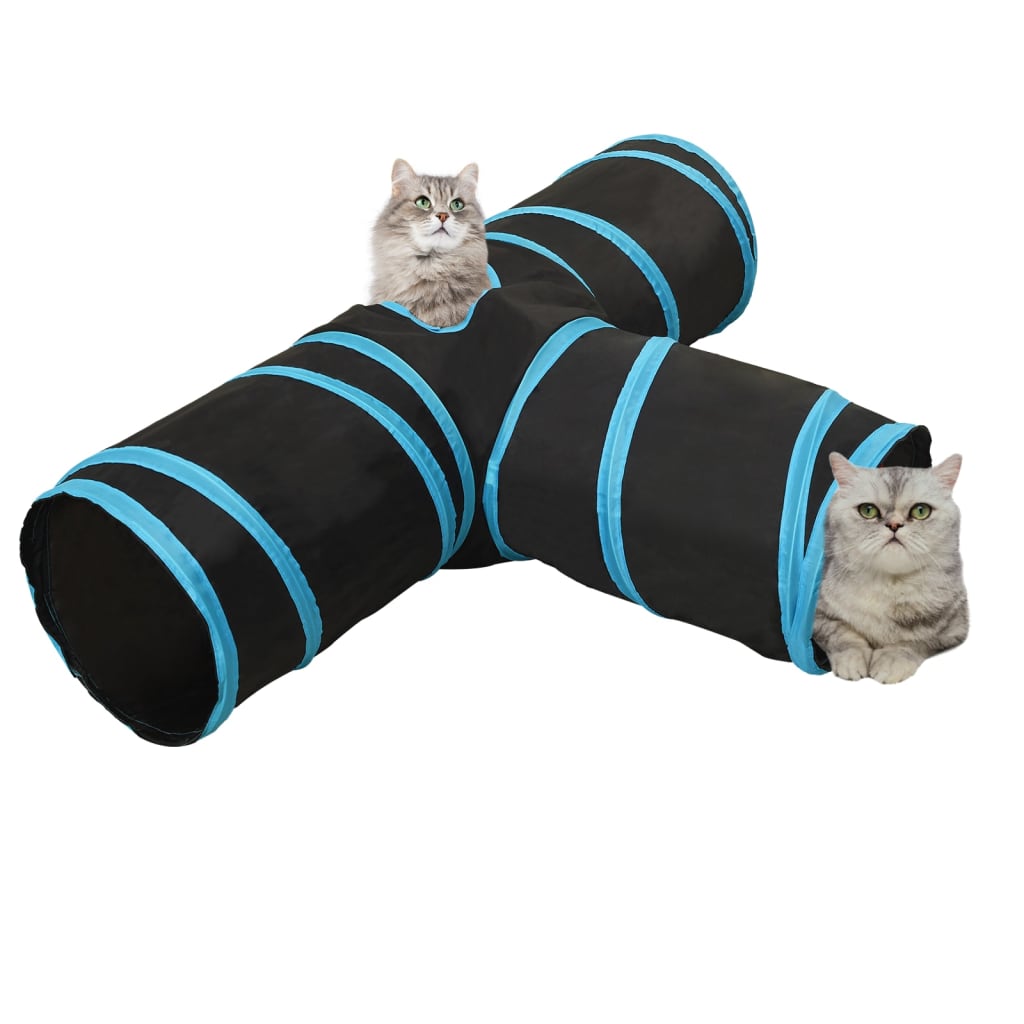 Kattentunnel 3-voudig 90 cm polyester zwart en blauw is nu te koop bij PeponiXL, paradijselijk wonen!