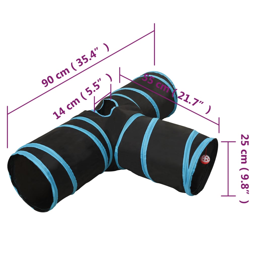 Kattentunnel 3-voudig 90 cm polyester zwart en blauw is nu te koop bij PeponiXL, paradijselijk wonen!