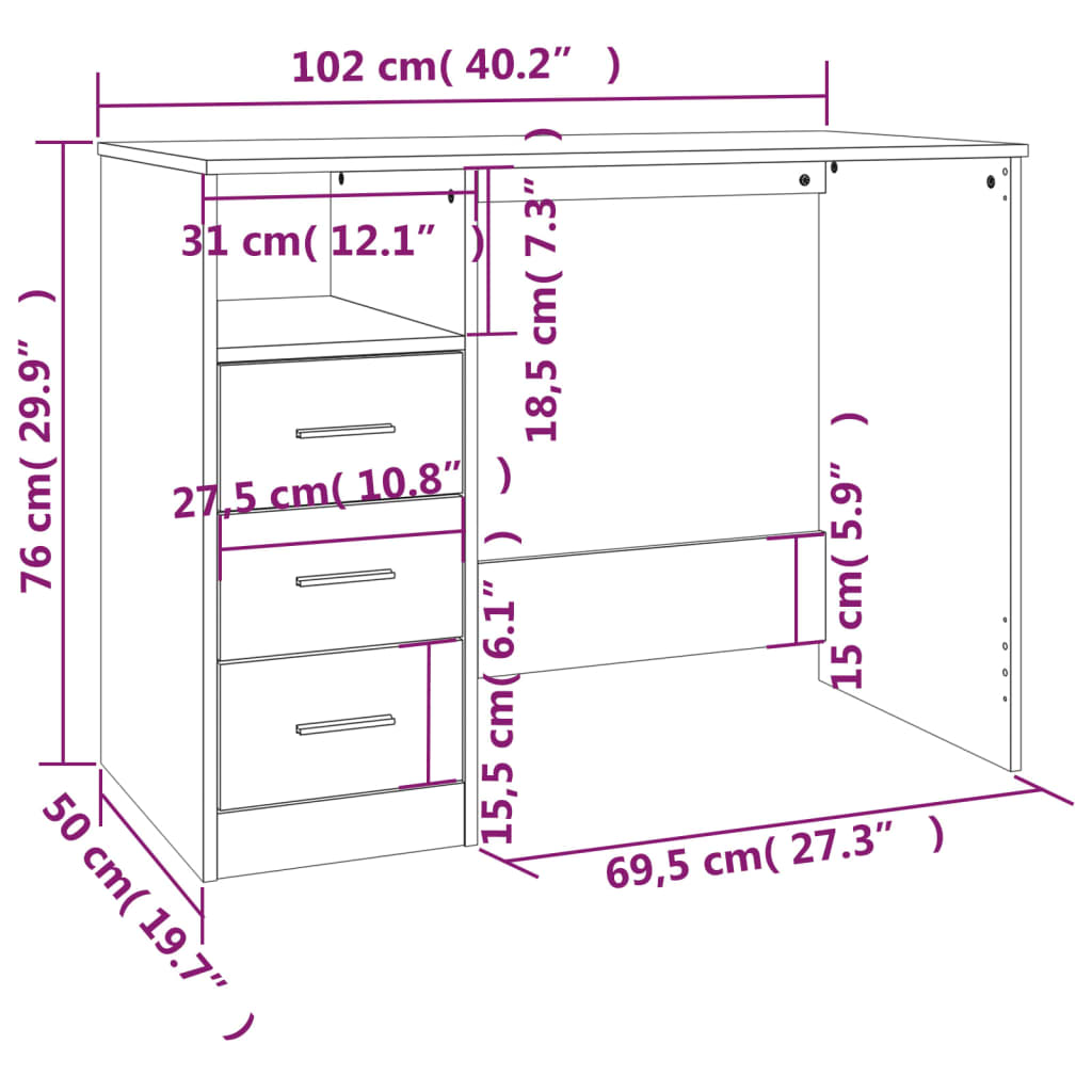 Bureau met lades 102x50x76 cm bewerkt hout gerookt eikenkleurig is nu te koop bij PeponiXL, paradijselijk wonen!