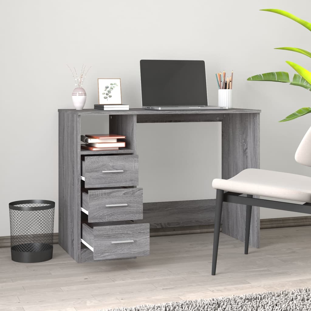 Bureau met lades 102x50x76 cm bewerkt hout grijs sonoma eiken is nu te koop bij PeponiXL, paradijselijk wonen!