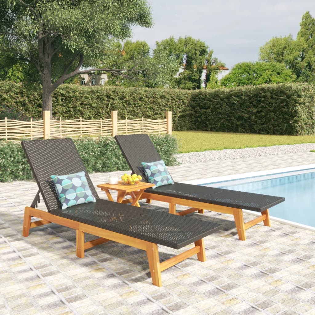 Ligbedden 2 st poly rattan en massief acaciahout zwart en bruin is nu te koop bij PeponiXL, paradijselijk wonen!