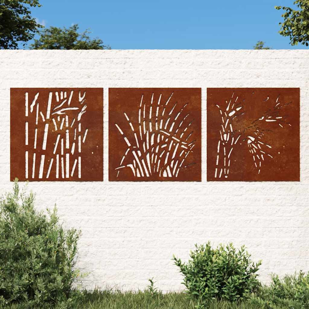 Wanddecoratie tuin 3 st grasontwerp 55x55 cm cortenstaal is nu te koop bij PeponiXL, paradijselijk wonen!