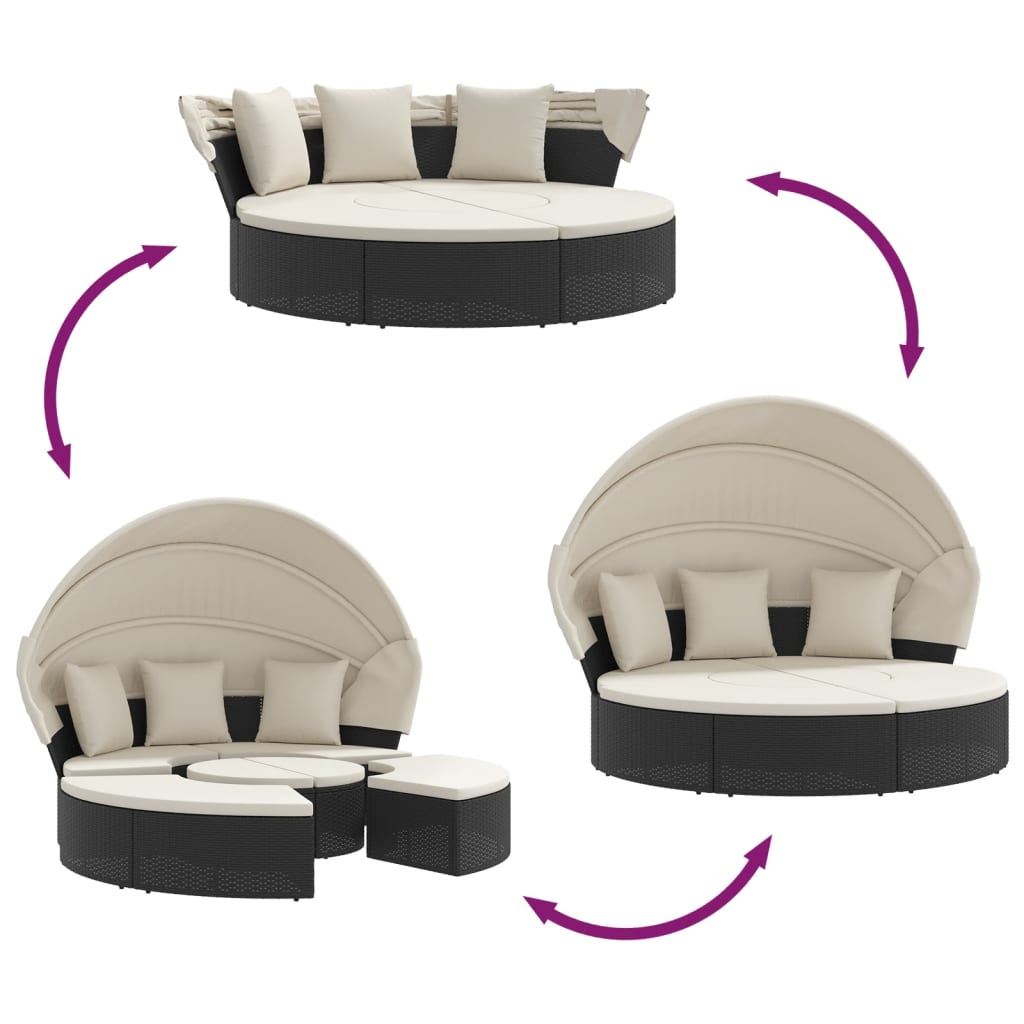 Loungebed met luifel en kussens poly rattan zwart is nu te koop bij PeponiXL, paradijselijk wonen!