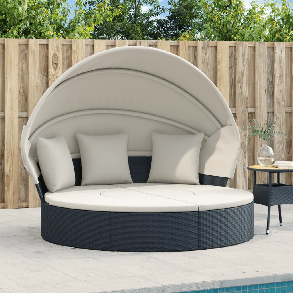 Loungebed met luifel en kussens poly rattan zwart is nu te koop bij PeponiXL, paradijselijk wonen!