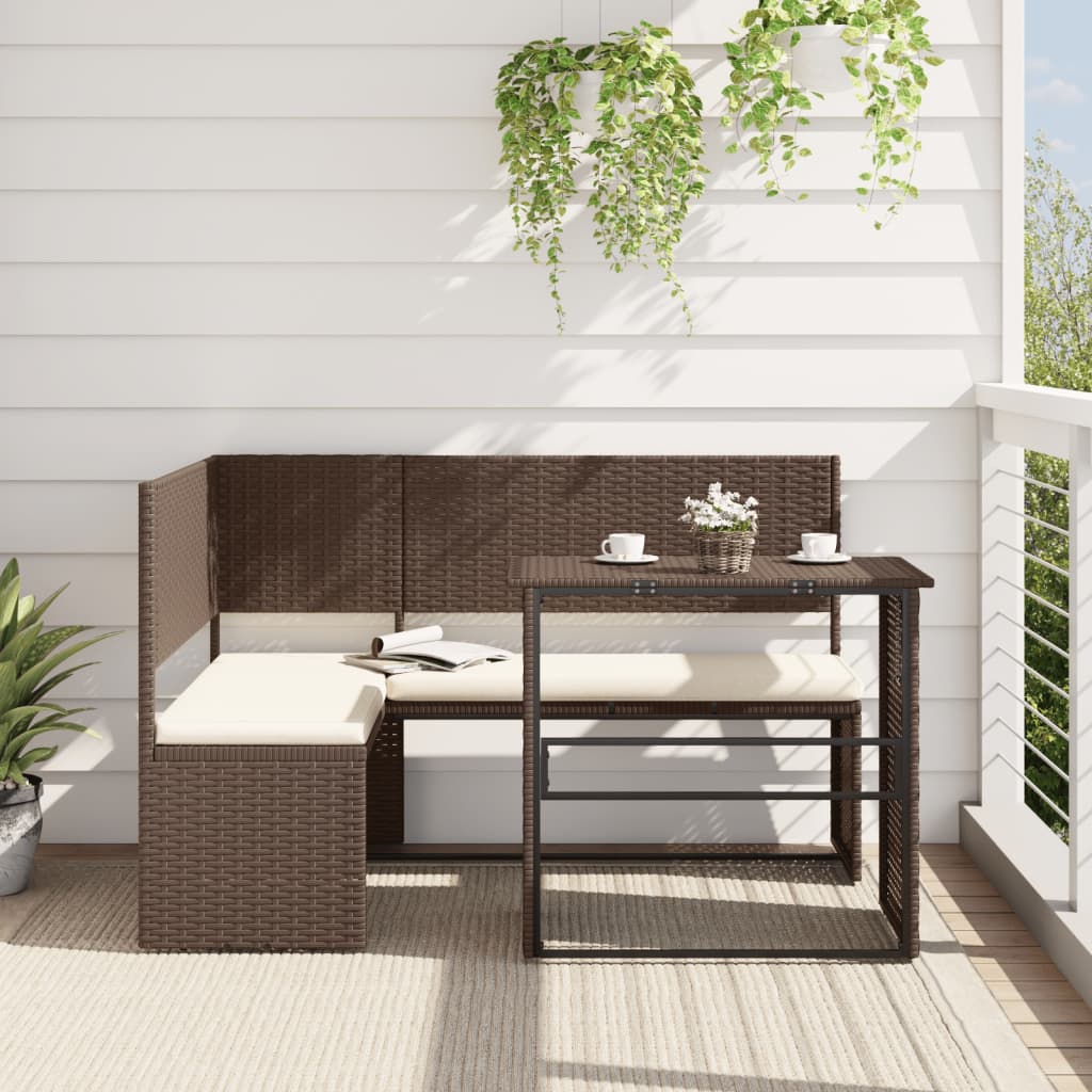 Tuinbank met tafel en kussens L-vormig poly rattan bruin is nu te koop bij PeponiXL, paradijselijk wonen!