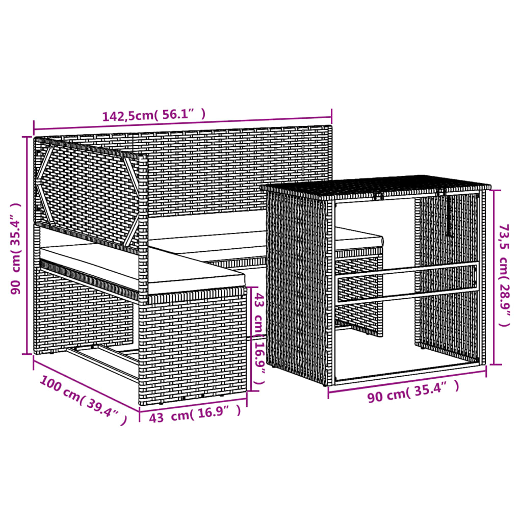 Tuinbank met tafel en kussens L-vormig poly rattan zwart is nu te koop bij PeponiXL, paradijselijk wonen!