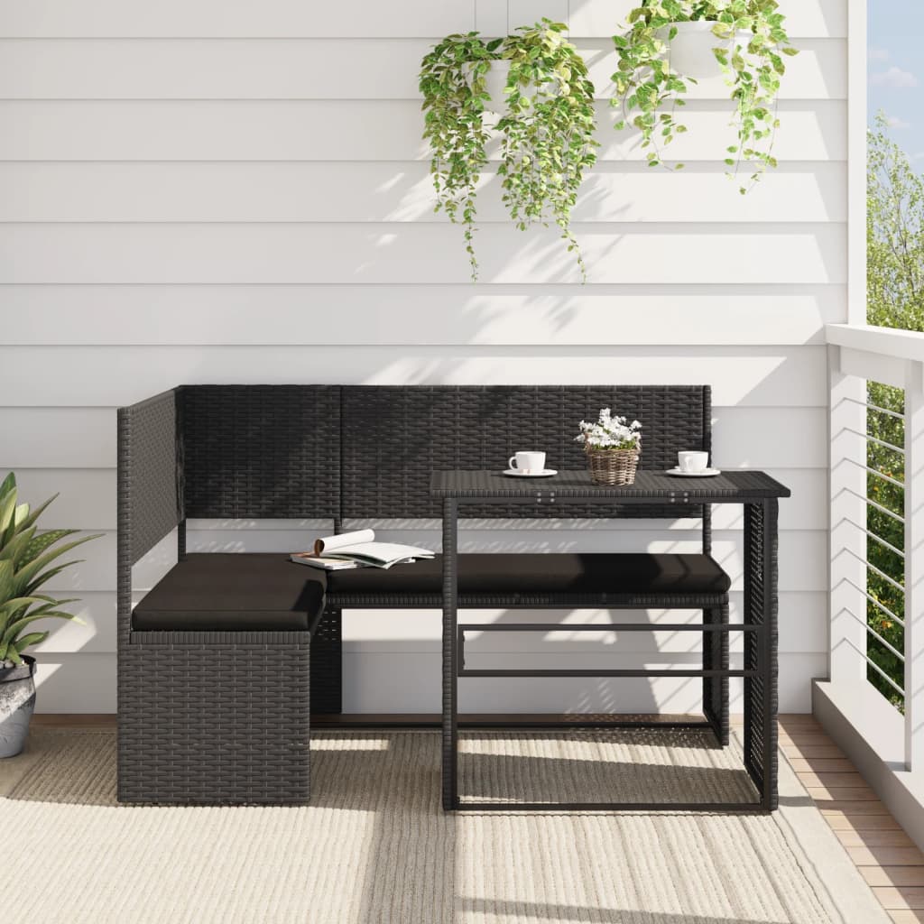 Tuinbank met tafel en kussens L-vormig poly rattan zwart is nu te koop bij PeponiXL, paradijselijk wonen!