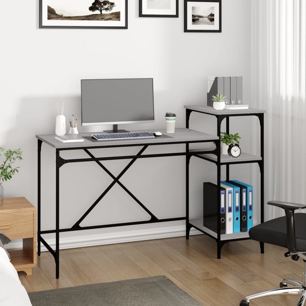 Bureau 135x50x90 bewerkt hout en ijzer grijs sonoma eikenkleur is nu te koop bij PeponiXL, paradijselijk wonen!