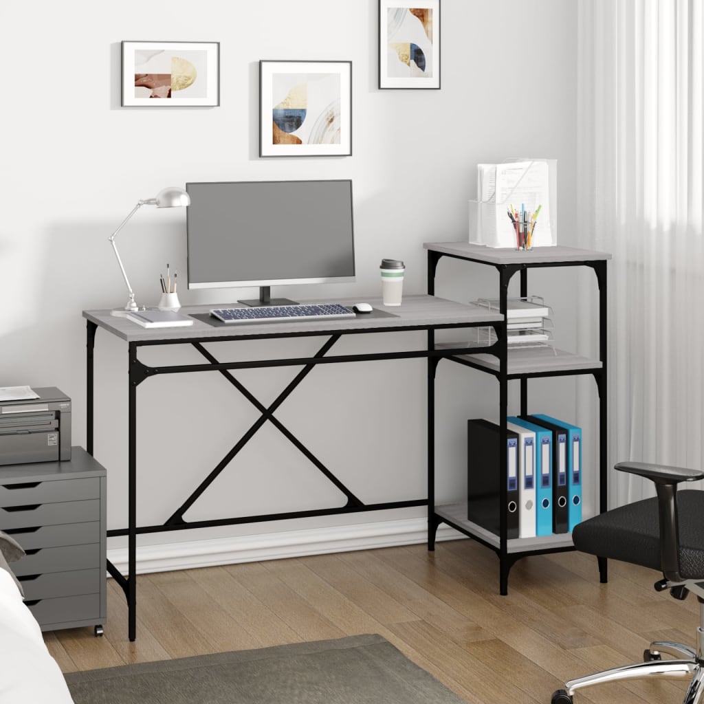 Bureau 135x50x90 bewerkt hout en ijzer grijs sonoma eikenkleur is nu te koop bij PeponiXL, paradijselijk wonen!