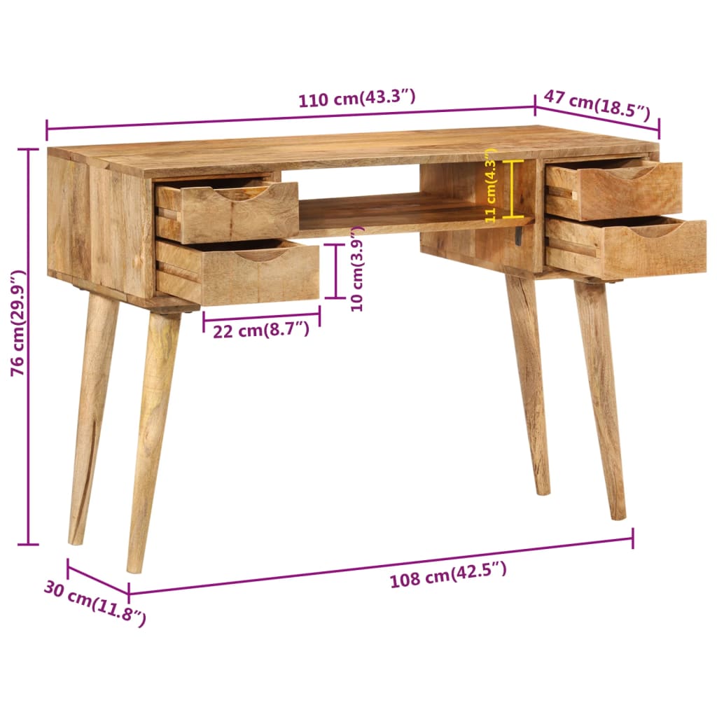Bureau met lades 110x47x76 cm massief mangohout is nu te koop bij PeponiXL, paradijselijk wonen!