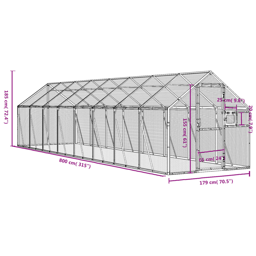 Volière 1,79x8x1,85 m aluminium zilverkleurig is nu te koop bij PeponiXL, paradijselijk wonen!