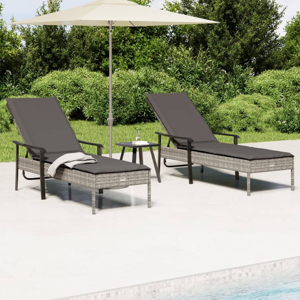 Ligbedden 2 st met tafel en kussens poly rattan grijs is nu te koop bij PeponiXL, paradijselijk wonen!