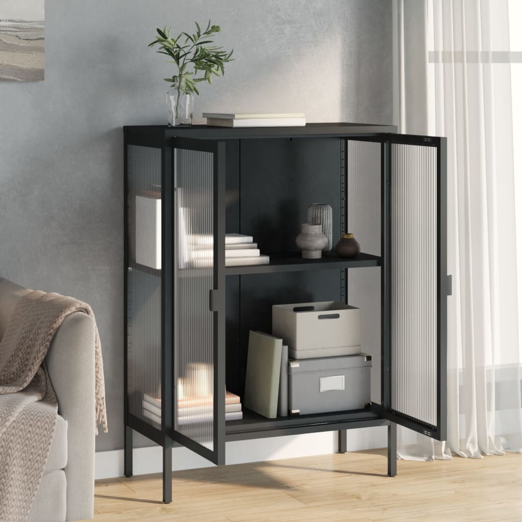 Dressoir 75x35x105 cm glas en staal zwart is nu te koop bij PeponiXL, paradijselijk wonen!