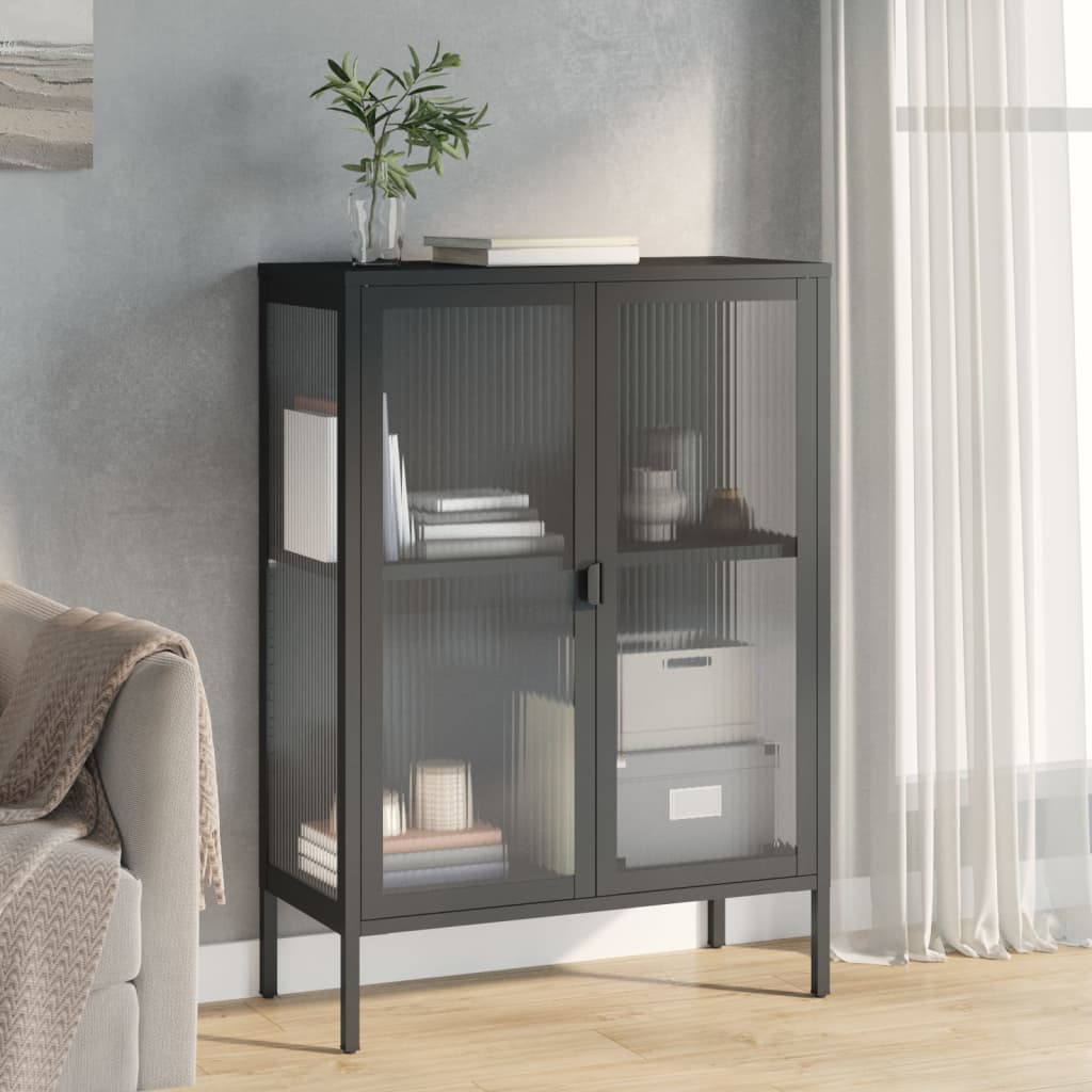 Dressoir 75x35x105 cm glas en staal zwart is nu te koop bij PeponiXL, paradijselijk wonen!
