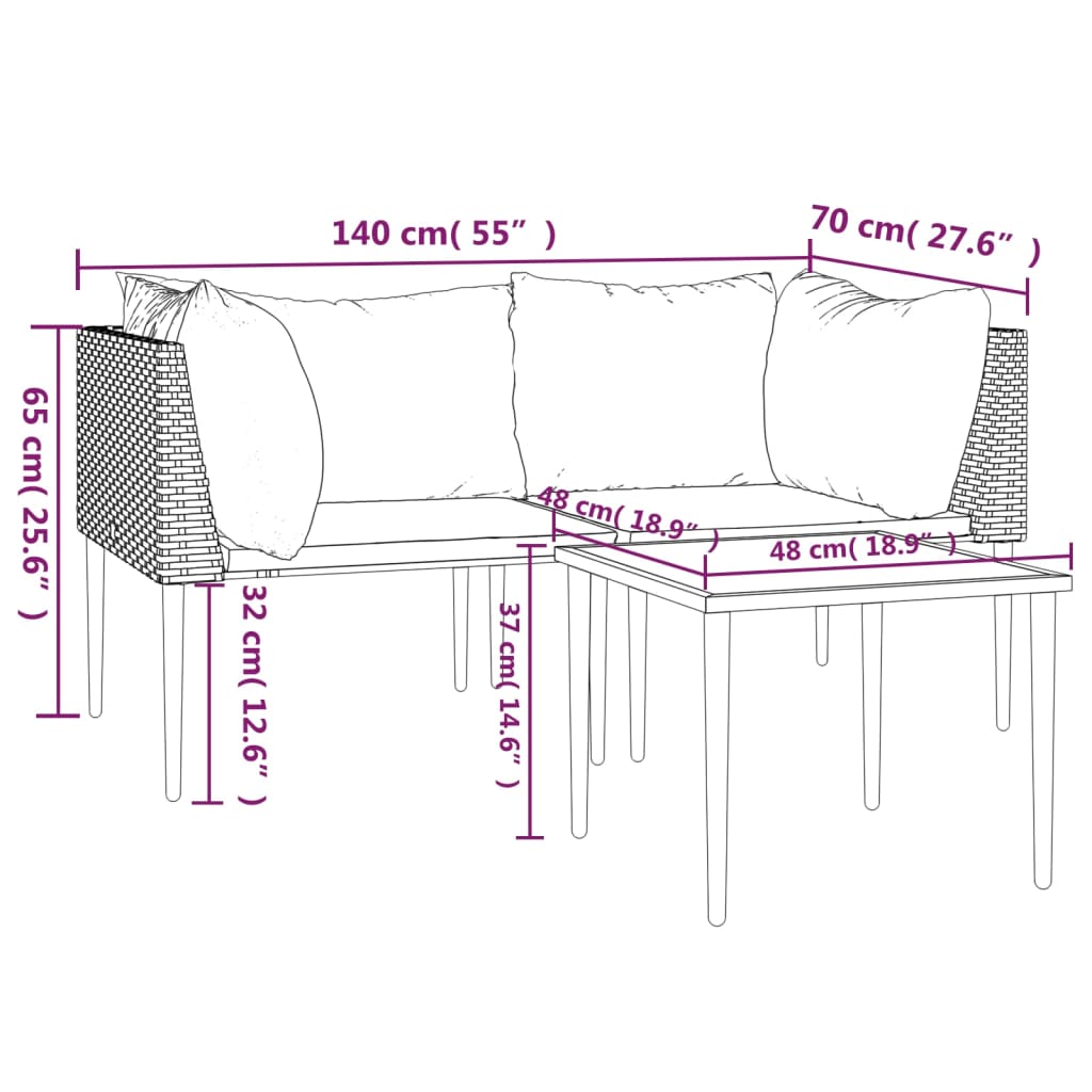 3-delige Loungeset met kussens poly rattan grijs is nu te koop bij PeponiXL, paradijselijk wonen!