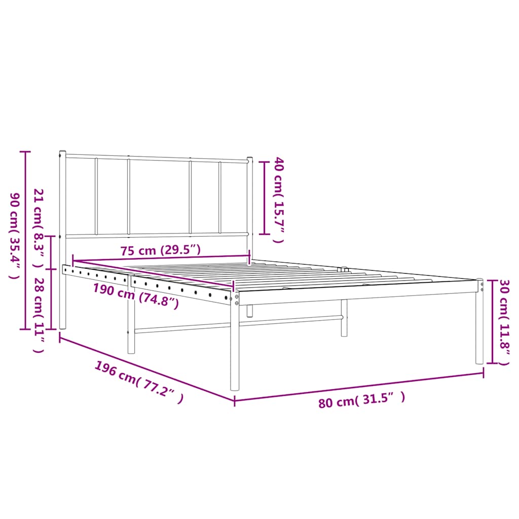 Bedframe met hoofdbord metaal zwart 75x190 cm is nu te koop bij PeponiXL, paradijselijk wonen!