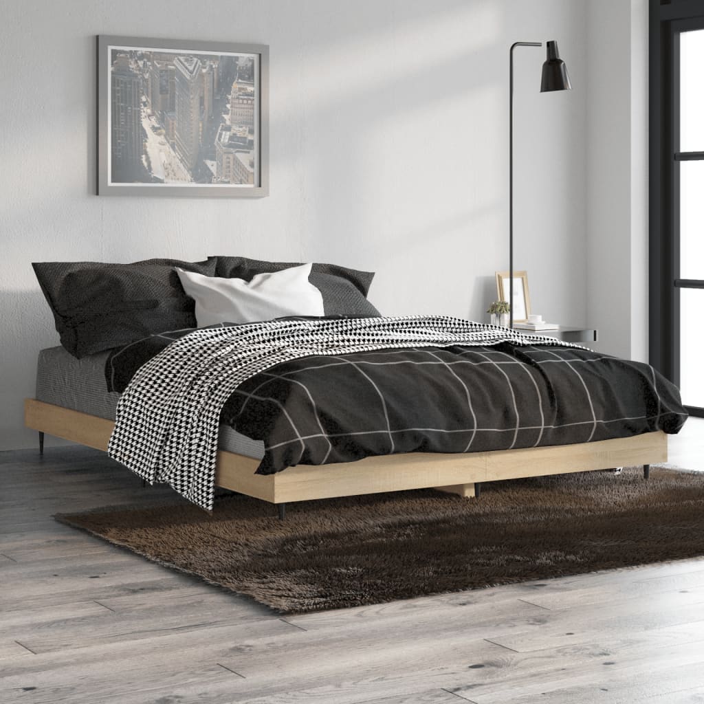 Bedframe bewerkt hout sonoma eikenkleurig 135x190 cm is nu te koop bij PeponiXL, paradijselijk wonen!