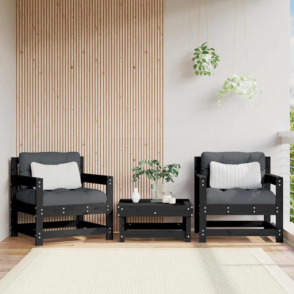 Tuinstoelen 2 st met kussens massief grenenhout zwart