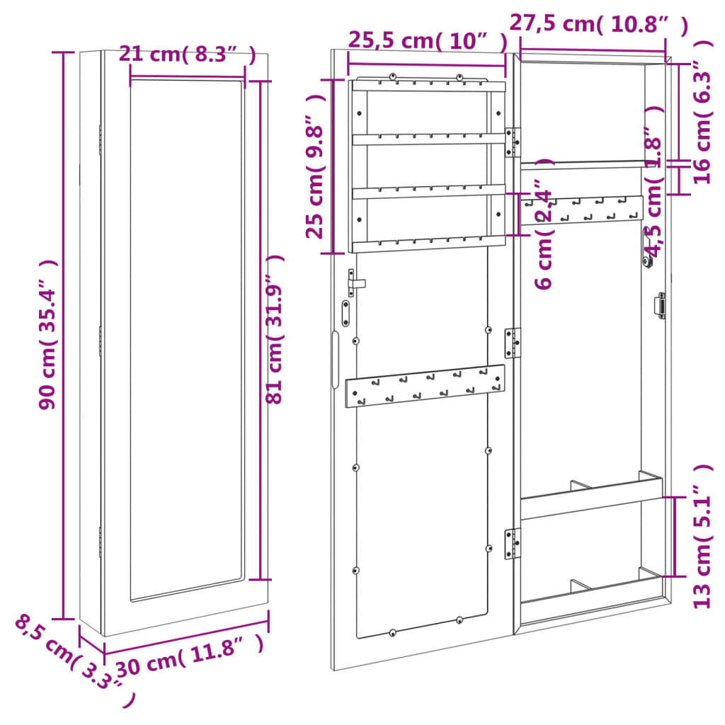 Sieradenkast met spiegel wandgemonteerd 30x8,5x90 cm zwart is nu te koop bij PeponiXL, paradijselijk wonen!