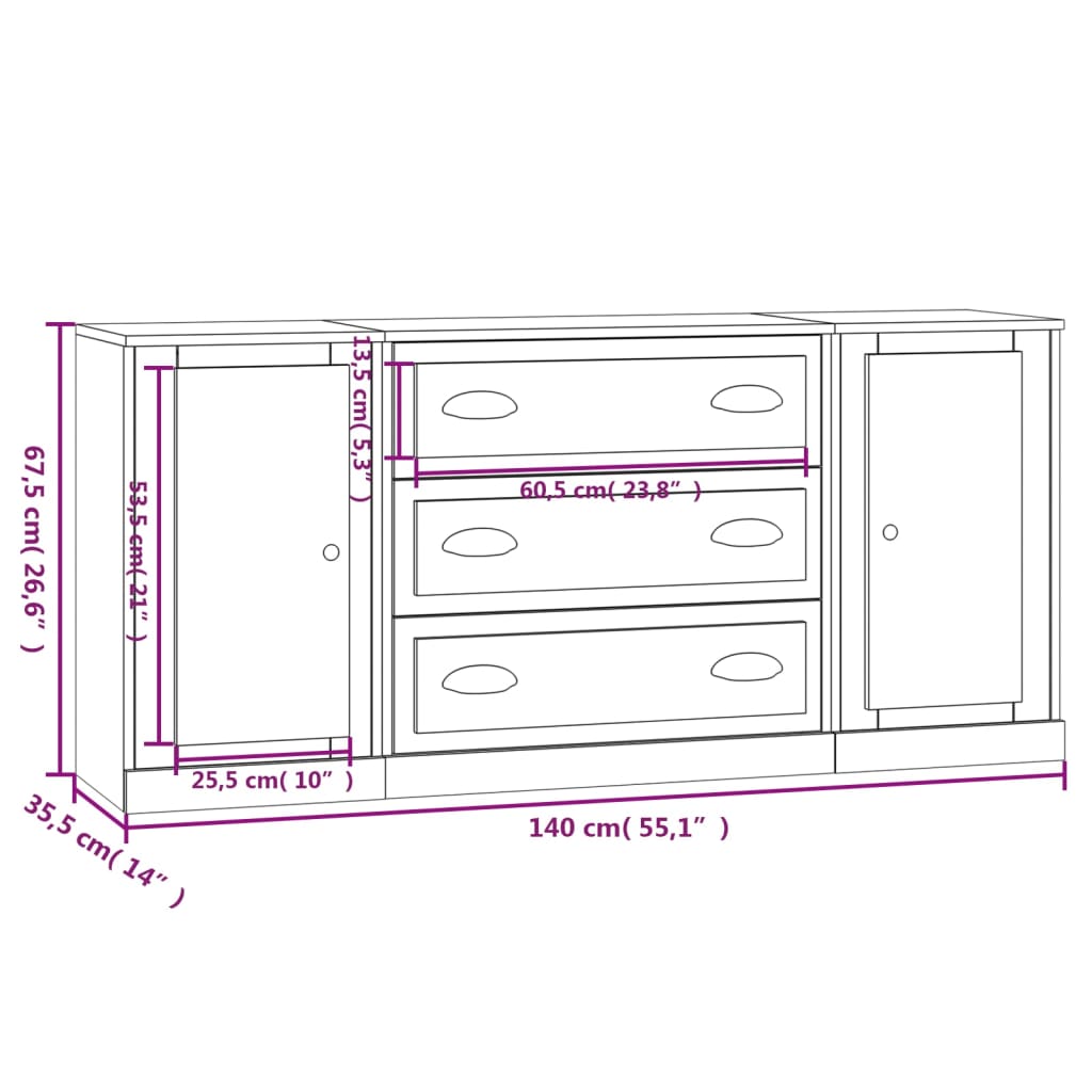 Dressoirs 3 st bewerkt hout hoogglans wit is nu te koop bij PeponiXL, paradijselijk wonen!