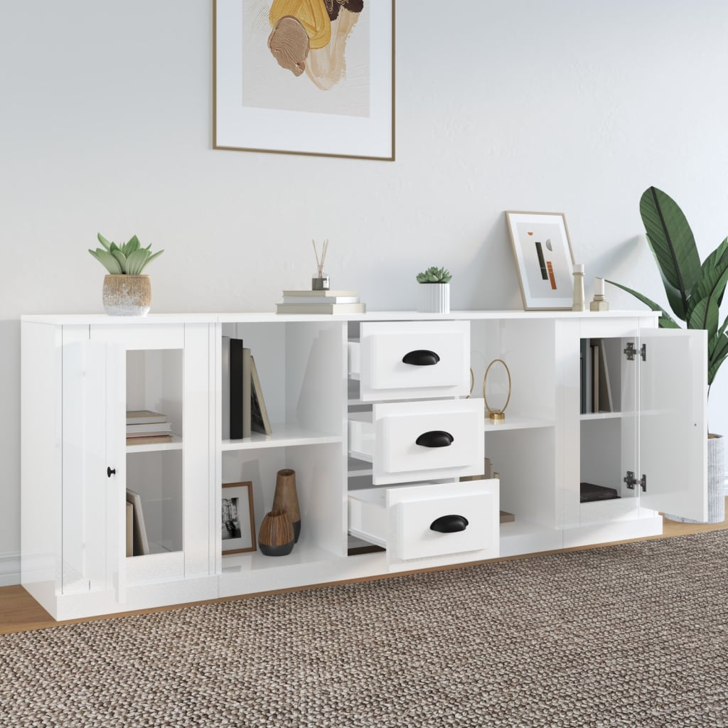 Dressoirs 3 st bewerkt hout hoogglans wit is nu te koop bij PeponiXL, paradijselijk wonen!