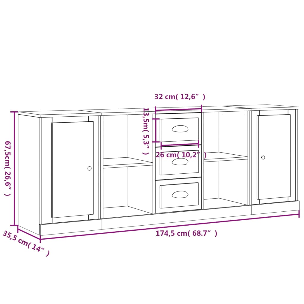 Dressoirs 3 st bewerkt hout hoogglans wit is nu te koop bij PeponiXL, paradijselijk wonen!