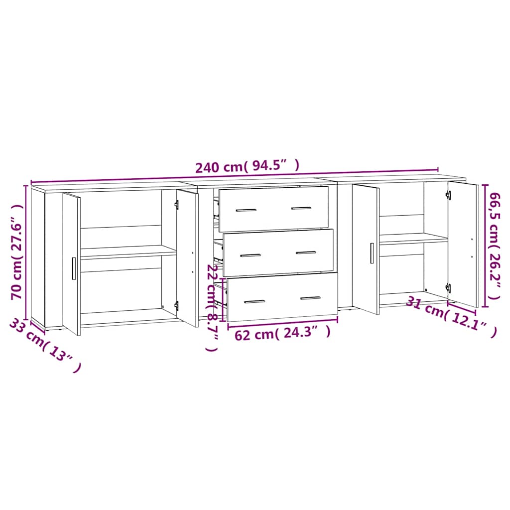 Dressoirs 3 st bewerkt hout grijs sonoma eikenkleurig is nu te koop bij PeponiXL, paradijselijk wonen!