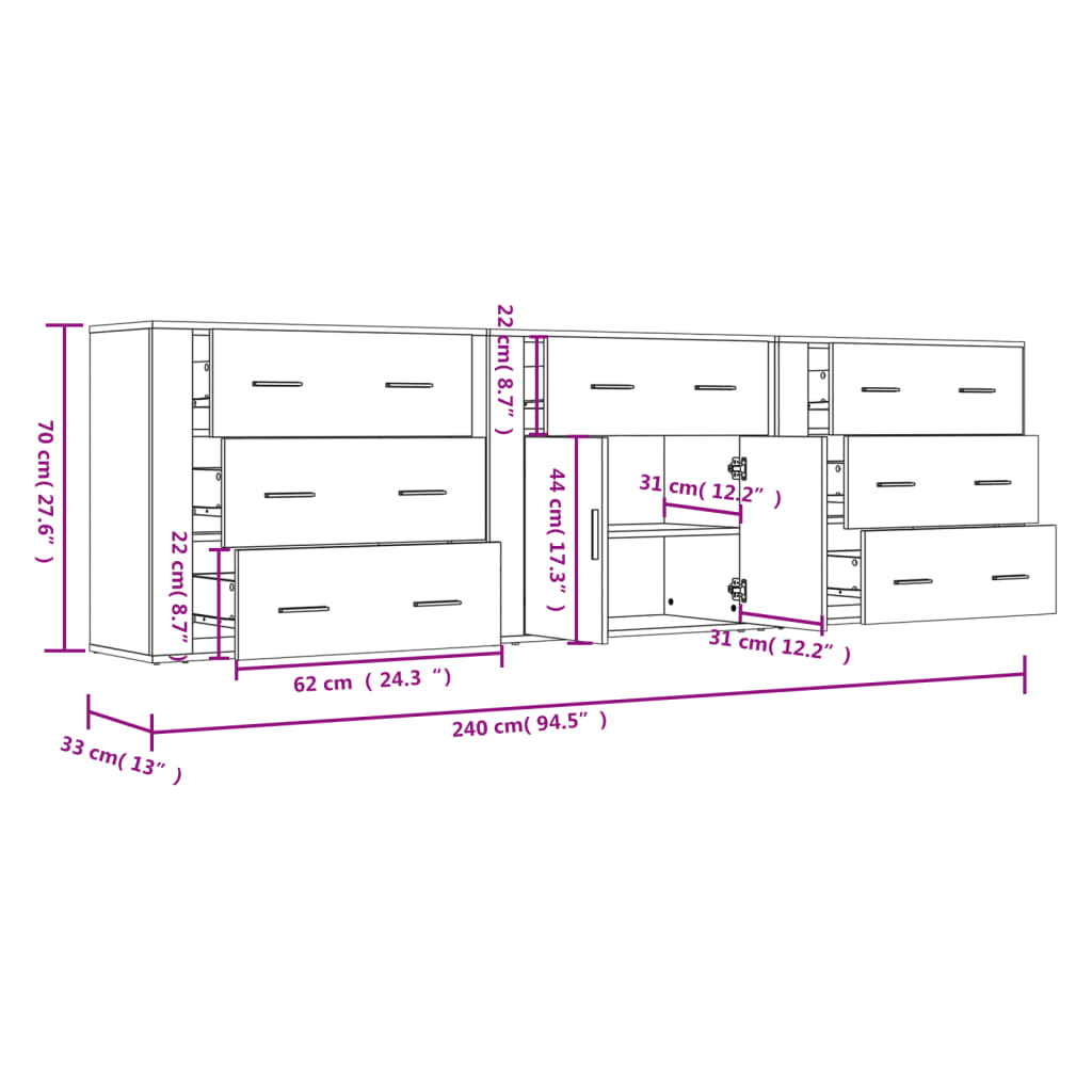 Dressoirs 3 st bewerkt hout sonoma eiken is nu te koop bij PeponiXL, paradijselijk wonen!