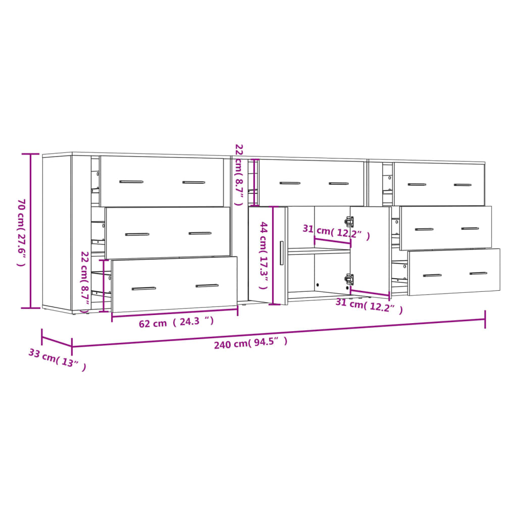 Dressoirs 3 st bewerkt hout betongrijs is nu te koop bij PeponiXL, paradijselijk wonen!