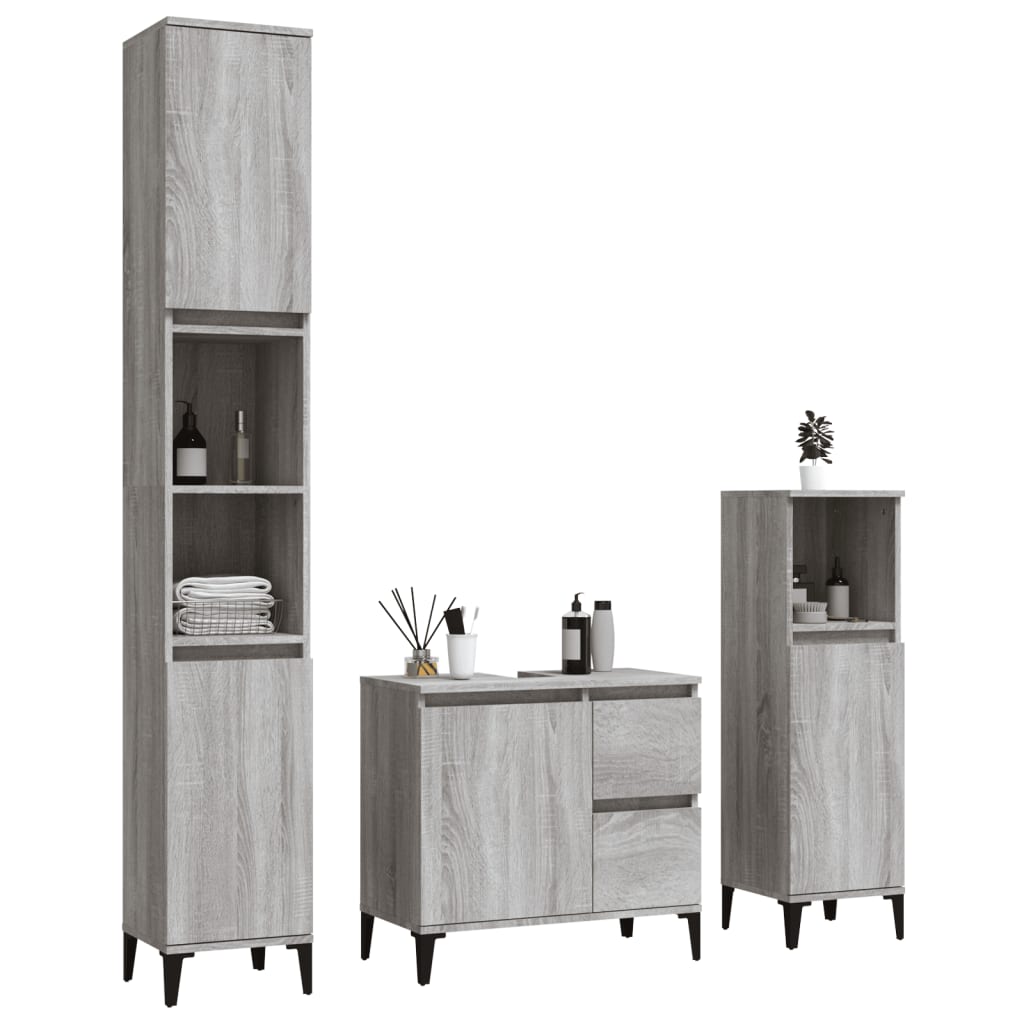 3-delige Badkamermeubelset bewerkt hout grijs sonoma eikenkleur is nu te koop bij PeponiXL, paradijselijk wonen!